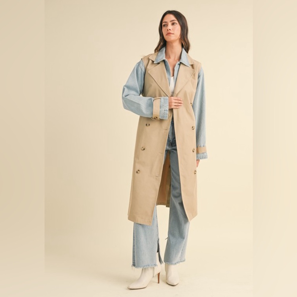 Layered Trench Coat with Denim Jacket Size M Tan Blue Outerwear Classic Neutral - Picture 3 of 12
